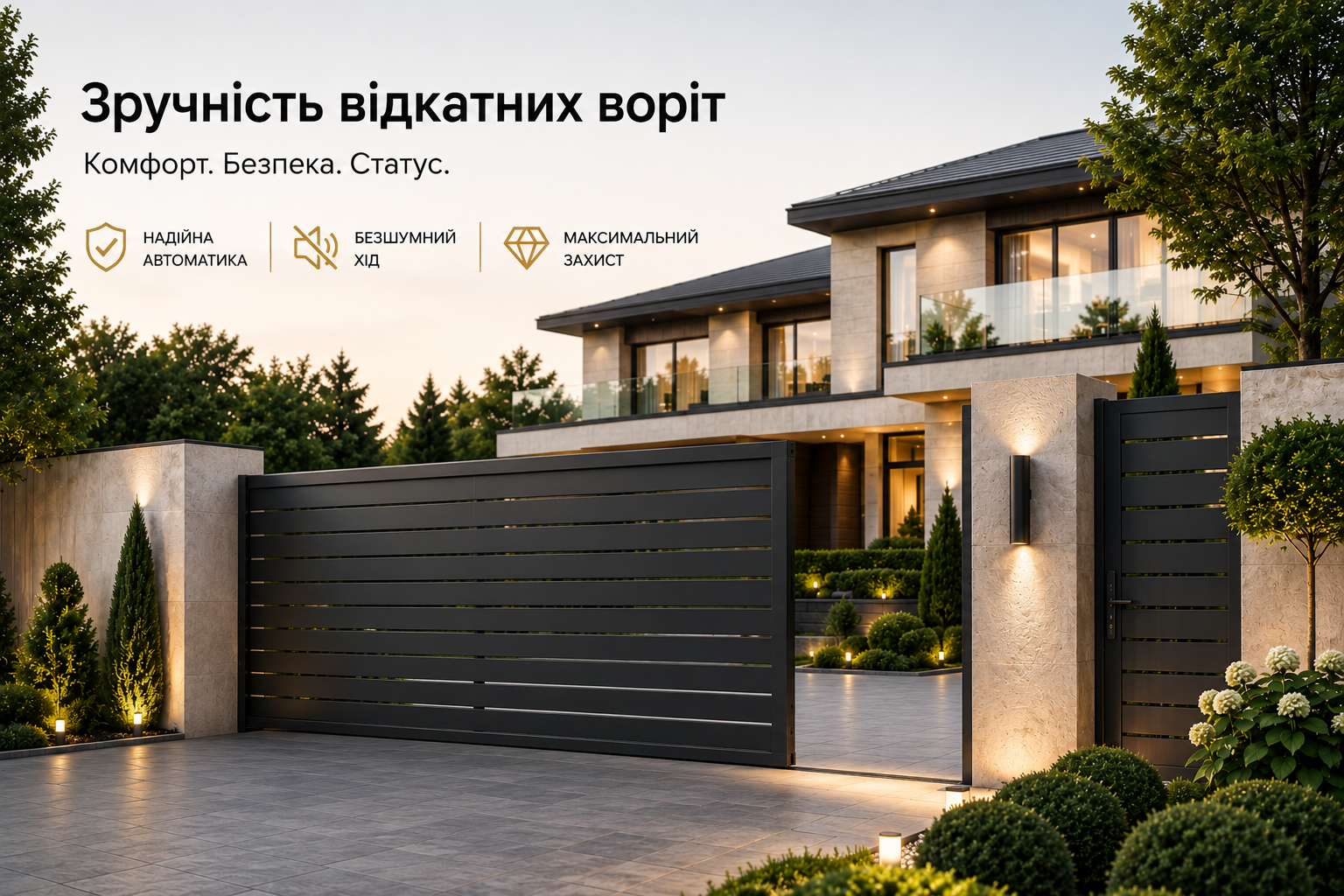 Сучасні відкатні ворота з автоматикою біля приватного будинку — комфортний, безпечний та зручний в’їзд на територію.